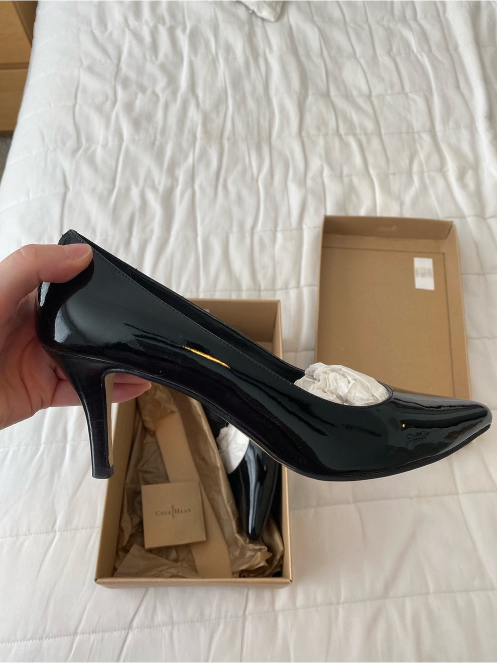 Cole Haan Black Patent Leather Pointed-Toe Kitten Heel Pumps